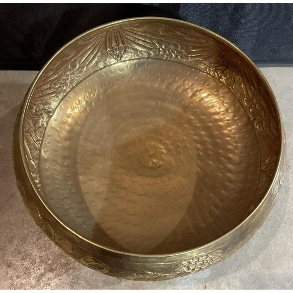 Early 1900s Indian Bronze Footed Bowl Floral Ribbons
